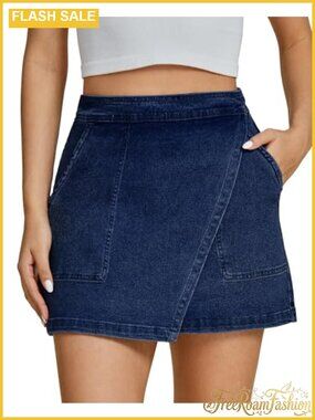 Denim Mini Skirt High Waisted Stretchy Faux Wrap A-Line with Pockets